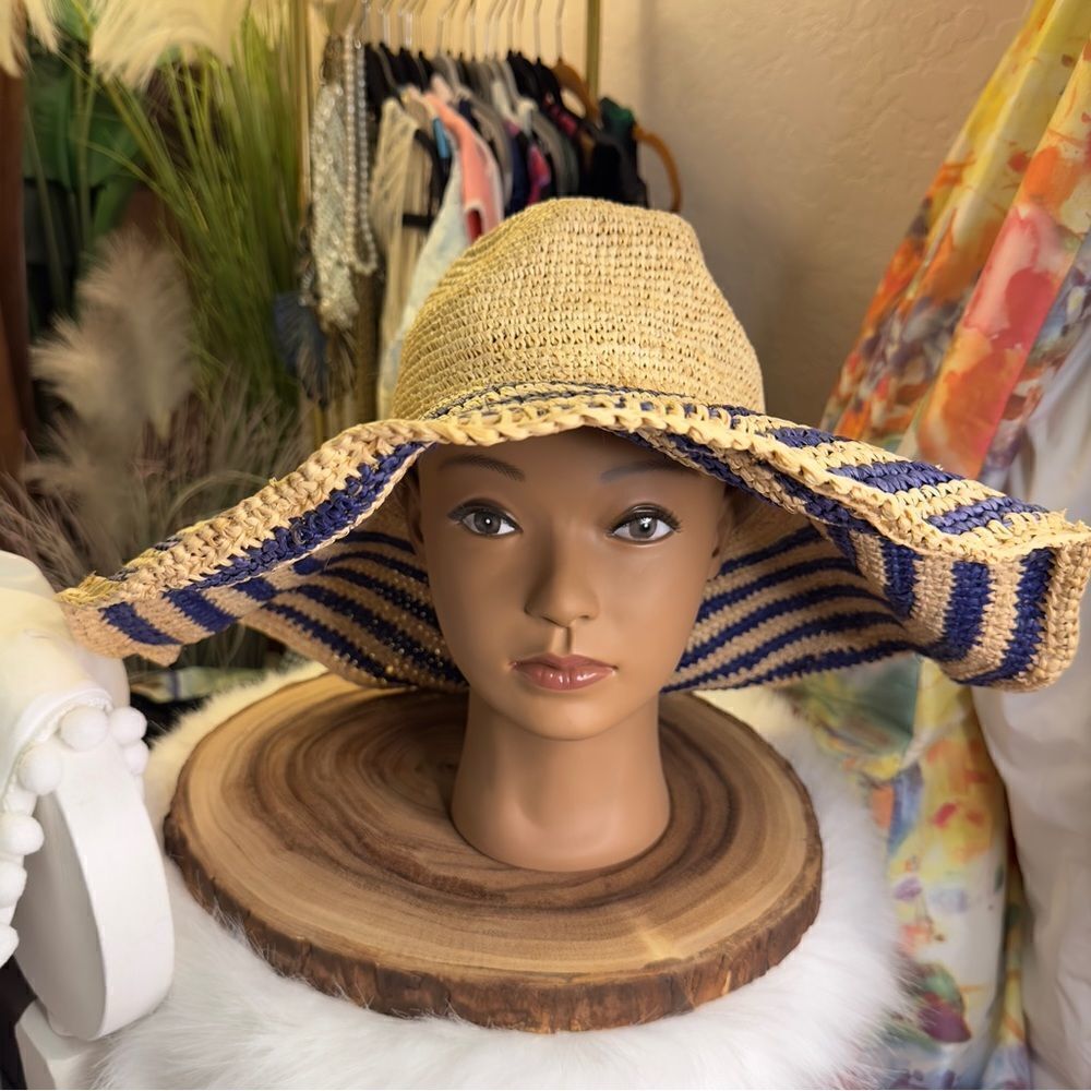Tirabasso natural woven floppy sun hat w/ stripes & wide adjustable brim